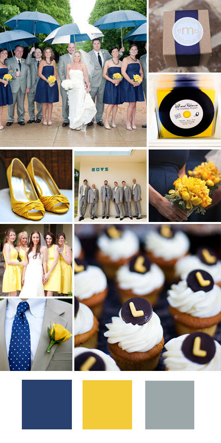 Legjobb esküvői színkombinációk: sötétkék - sárga - szürke