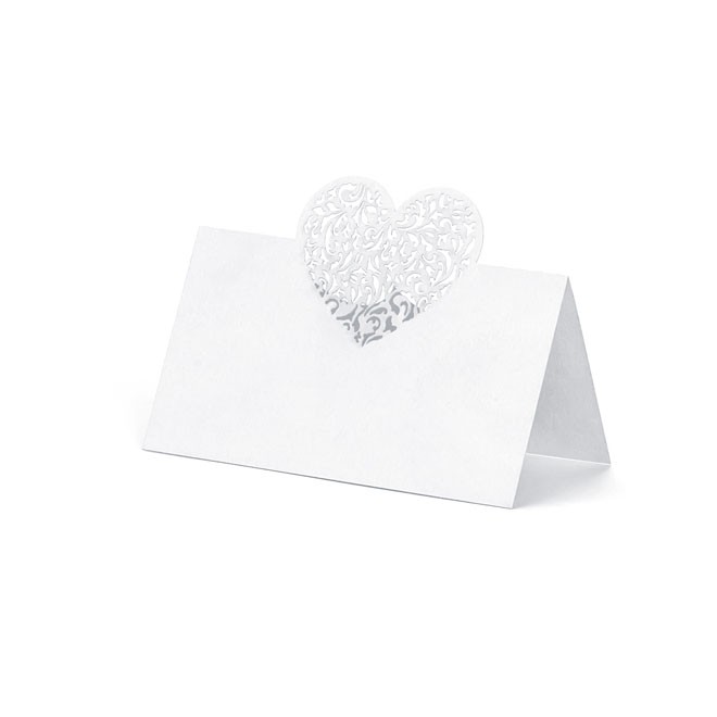 Fehér lézervágott szív mintás ültetőkártya 10db-os csomagban