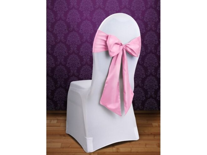 Rózsaszín szatén-selyem masnival bérelhető fehér spandex székszoknyával