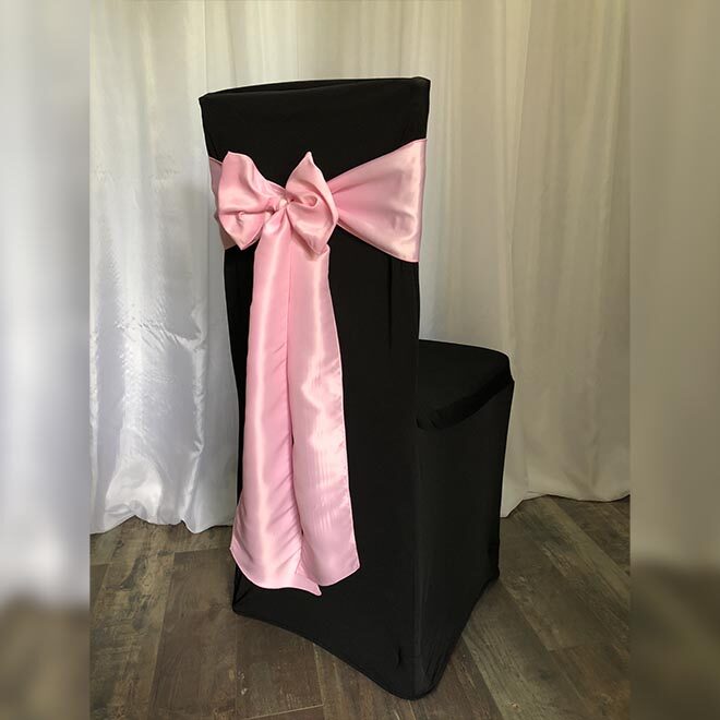 Rózsaszín szatén-selyem masnival bérelhető fekete spandex székszoknyával