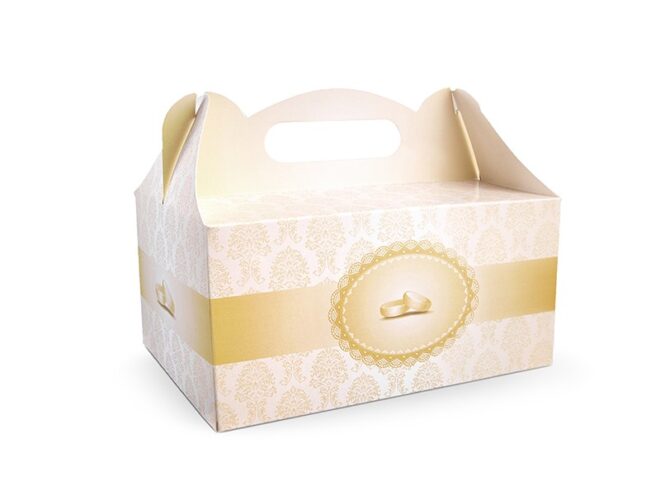 Sütis, vagy torta doboz arany színű damaszt mintával és jegygyűrűvel