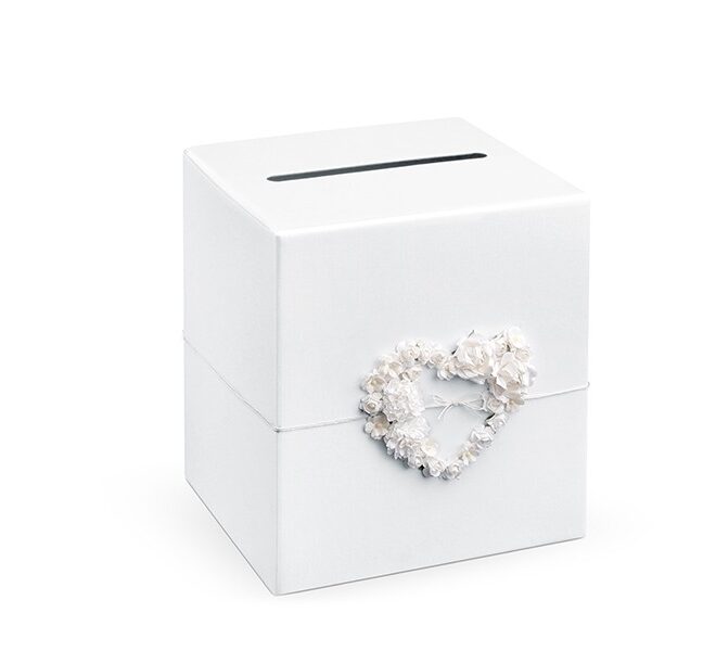 Pénzes doboz, fehér papírból szív formájú virággal, 24x24x24