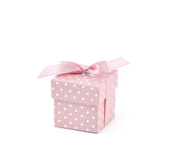 Köszönet ajándék doboz pink papírból, fehér pöttyökkel 10db