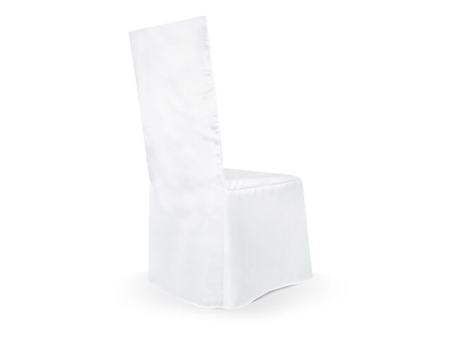 Megvásárolható szabott székszoknya szögletes magasabb háttámlájú székekhez matt fehér szatén anyagból lábnak mozgásteret engedő hajtásokkal