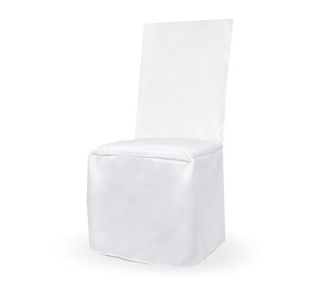 Szabott székszoknya szögletes magsabb háttámlájú székekhez matt fehér szatén anyagból