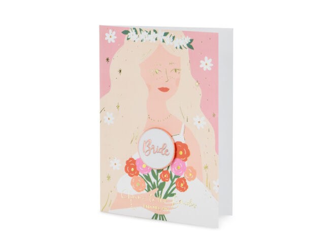 Kitűző lánybúcsúra - Bride felirattal kísérő kártyával