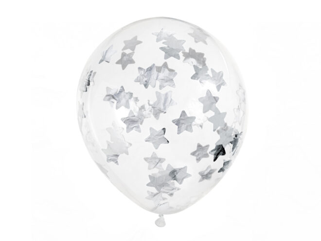 Átlátszó lufi csomag, csillag alakú konfettivel töltve ezüst színben