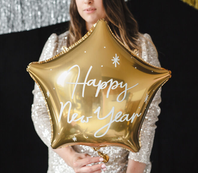 Arany csillag alakú, Happy New Year feliratú fólia lufi