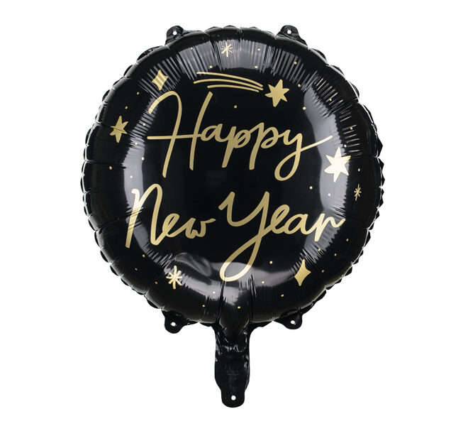 Fekete Happy New Year feliratú fólia lufi 45 cm