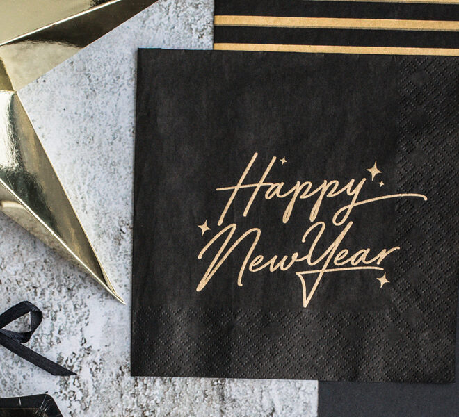 Happy New Year arany feliratú fekete papír szalvéta