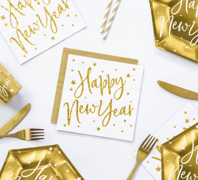 Happy New Year arany feliratú fehér papír szalvéta