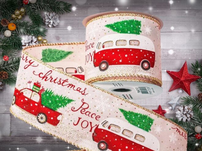 Fenyőfás-autós karácsonyi szalag színben 64mm