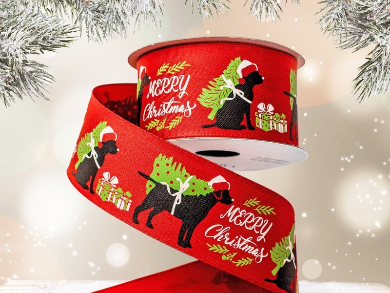 Kutyusos karácsonyi szalag, Merry Christmas felirattal 38mm