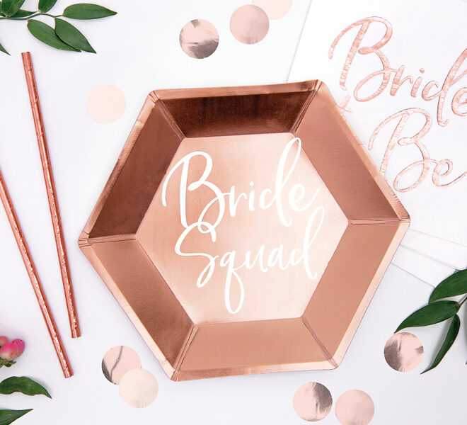 Rose gold Bride Squad feliratú papírtányér lánybúcsúra