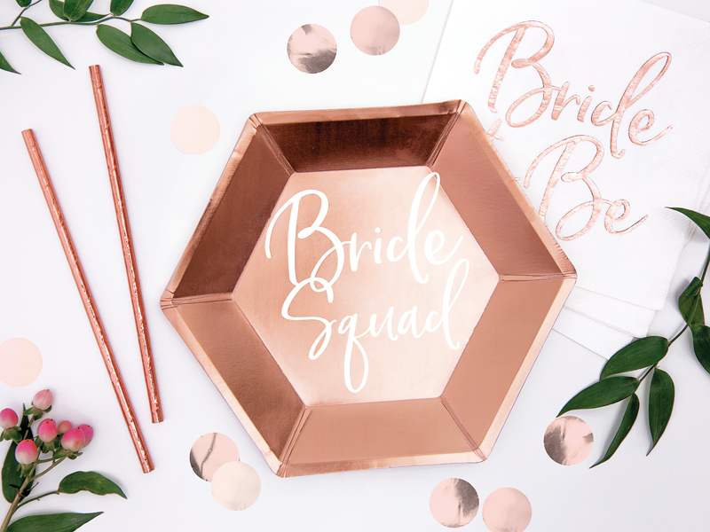 Rose gold Bride Squad feliratú papírtányér lánybúcsúra