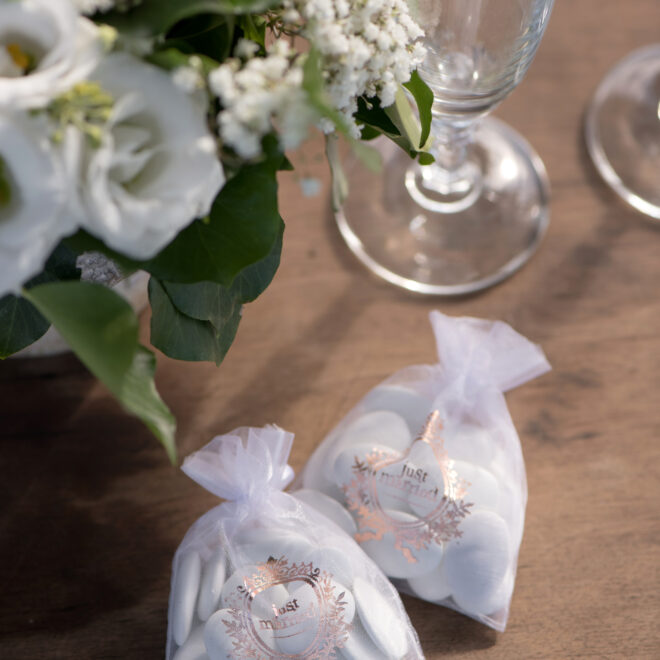 Rose gold just married feliratú organza tasak