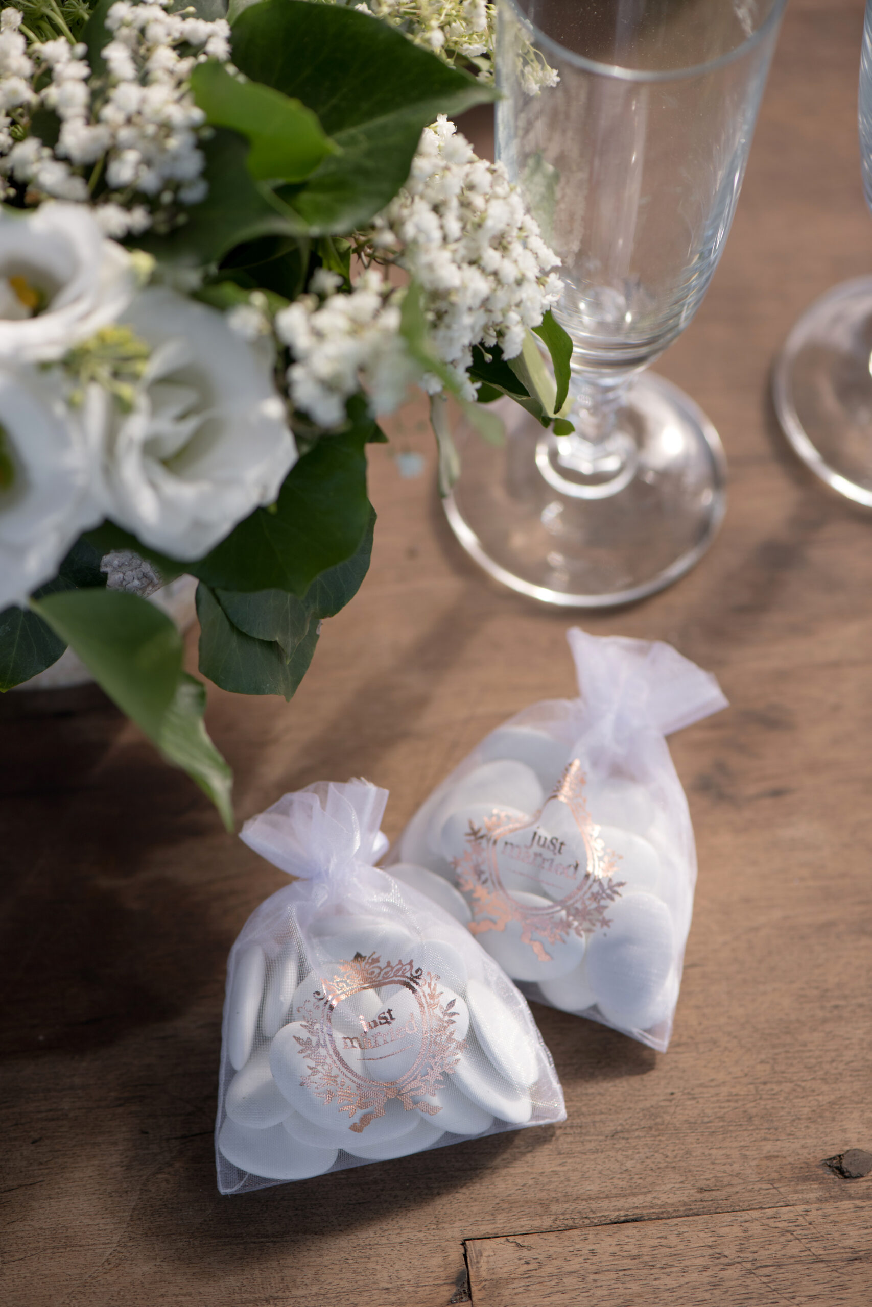 Rose gold just married feliratú organza tasak